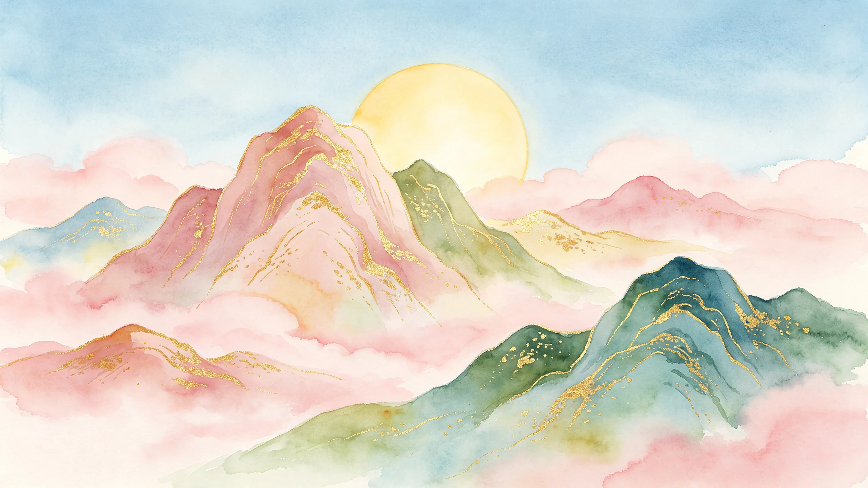粉色云雾中浮着的山，暖日在山后缓缓晕开